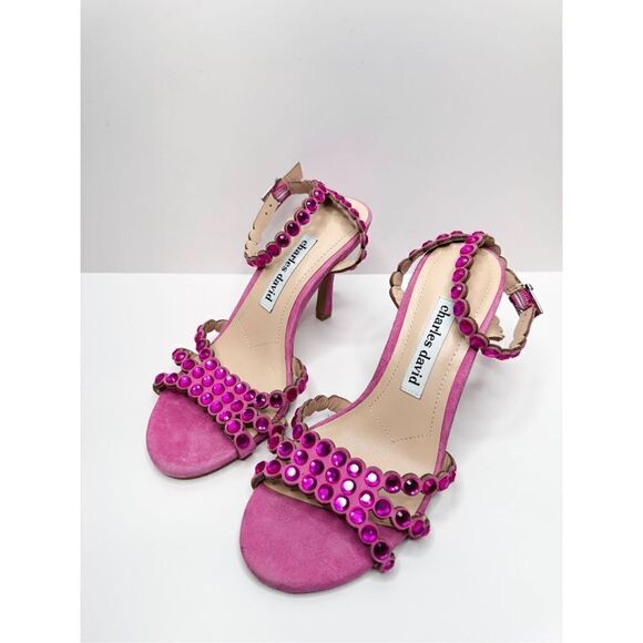 Charles David Sandals Ladies Size 5 Pink Rhinestones Suede Ankle Strap Heels - Picture 2 of 10